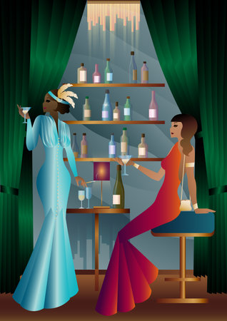 girls in vintage dresses. shelves with alcohol. Vintage art deco style invitation template design for drink list, bar menu, glamorous event, themed wedding, jazz party flyer, etc.のイラスト素材