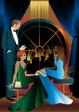 Lady and gentleman in vintage dresses on the background of the window. alcohol. Vintage art deco style invitation template design for drink list, bar menu, glamorous event, themed wedding, jazz partyのイラスト素材