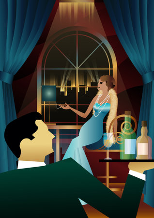 girl in vintage dresses. window. alcohol. Vintage art deco style invitation template design for drink list, bar menu, glamorous event, themed wedding, jazz party flyer, etc.のイラスト素材