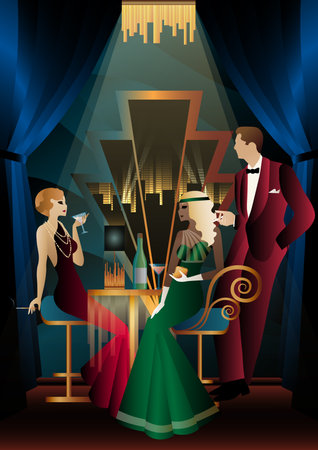 Lady and gentleman in vintage dresses on the background of the window. alcohol. Vintage art deco style invitation template design for drink list, bar menu, glamorous event, themed wedding, jazz partyのイラスト素材