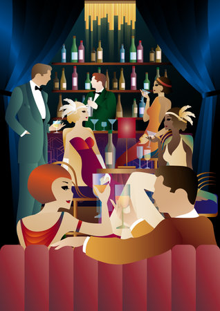 The party at the bar in the style of the early 20th century. Retro party vector illustration. Art Deco style.のイラスト素材