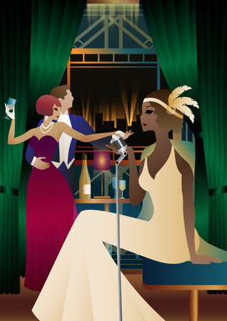 Singer and couple of people dancing in vintage costumes. Retro party in the style of the 1920-1930s. vector illustration.のイラスト素材