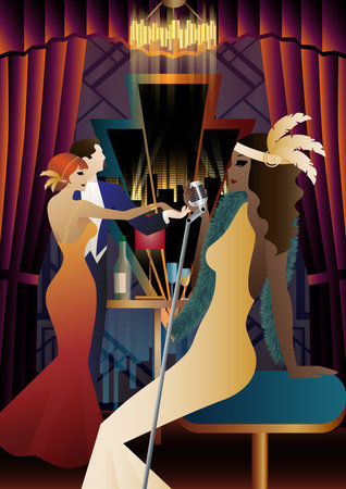 Singer and couple of people dancing in vintage costumes. Retro party in the style of the 1920-1930s. vector illustration.のイラスト素材