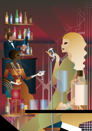 Party invitation design in retro art deco style. Party with a singer and a bartender in a clubのイラスト素材