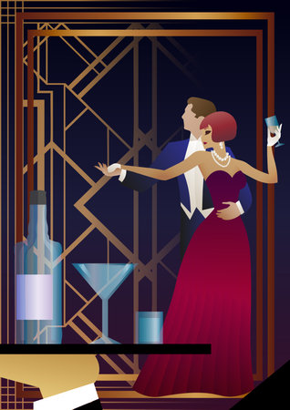 nightclub with people dancing and drinking alcohol. Vector illustration of a dance floor in a cafe or restaurant with dancers on stage and alcoholのイラスト素材