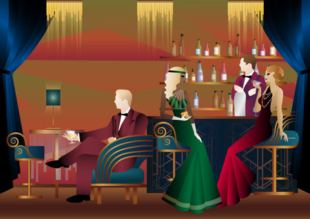 People have fun, sit and drink, retro party. Happy friends, people on a party vector concept. bartender standing at the barのイラスト素材