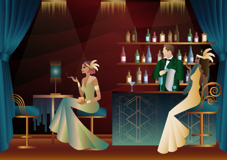 People have fun, sit and drink, retro party. Happy friends, people on a party vector concept. bartender standing at the barのイラスト素材