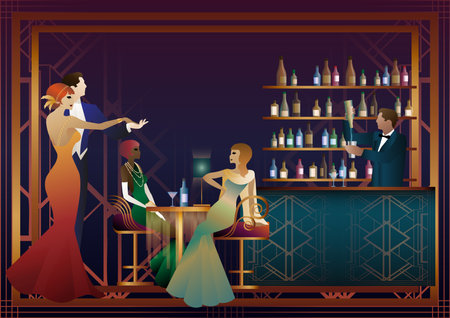 People are having fun, sitting and drinking, couples are dancing. Bartender at the bar. Art Decoのイラスト素材