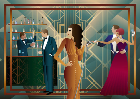 night club with singer on stage and people dance and drink alcohol. vector illustrationのイラスト素材