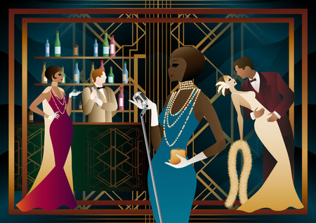 night club with singer on stage and people dance and drink alcohol. vector illustrationのイラスト素材