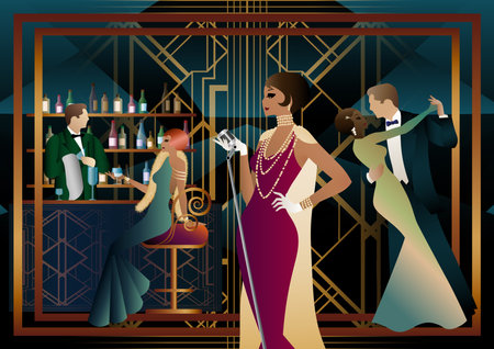 Illustration for night club with singer on stage and people dance and drink alcohol. vector illustration - Royalty Free Image