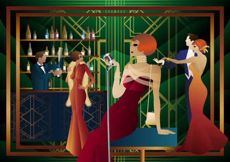 night club with singer on stage and people dance and drink alcohol. vector illustrationのイラスト素材