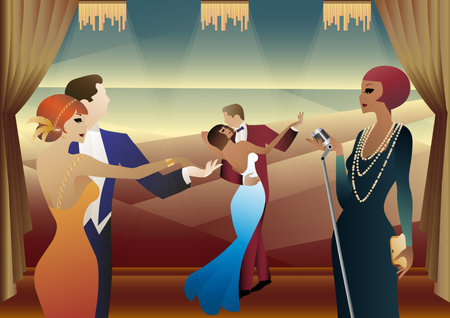 Singer and couple of people dancing in vintage costumes. Retro party in the style of the 1920-1930s. vector illustration.のイラスト素材