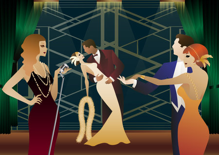 Singer and couple of people dancing in vintage costumes. Retro party in the style of the 1920-1930s. vector illustration.のイラスト素材