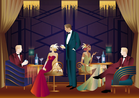 People in a restaurant in the style of the early 20th century. Retro party invitation card. art deco style. vector illustration.のイラスト素材