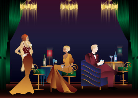 People in a restaurant in the style of the early 20th century. Retro party invitation card. art deco style. vector illustration.のイラスト素材