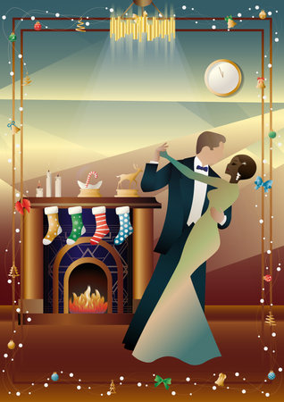 Happy couple in love dancing in front of the fireplace. Christmas evening, New Year. Concept of holiday, winter vacation, New Year, Christmasのイラスト素材