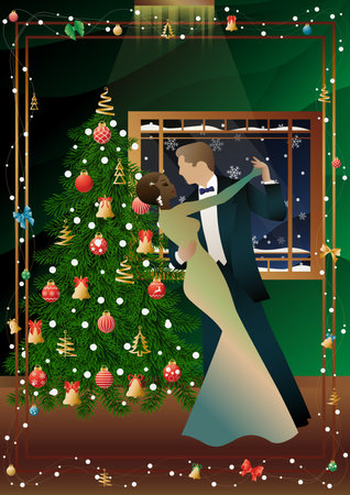 Happy loving couple having fun on New Year party near Christmas tree. Concept for holiday, winter holidays, New Year, Christmasのイラスト素材