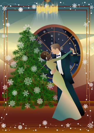 Happy loving couple having fun on New Year party near Christmas tree. Concept for holiday, winter holidays, New Year, Christmasのイラスト素材