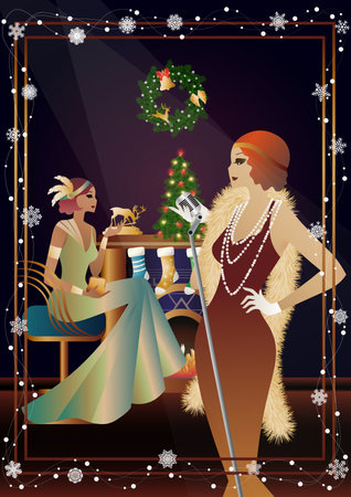 Woman in a vintage dress with a retro microphone at the fireplace. The singer's performance at the New Year's holiday. Concept for holiday, winter holidays, New Year, Christmasのイラスト素材