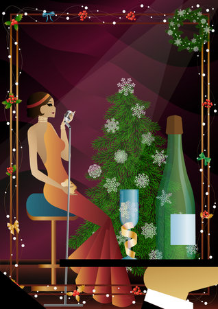 A beautiful young woman in a vintage dress with a retro microphone at the Christmas tree. The singer's performance at the New Year's holiday. Concept for holiday, winter holidays, New Year, Christmasのイラスト素材