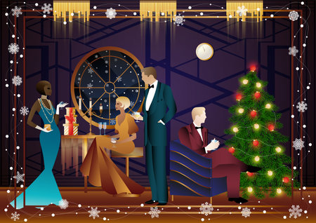 Well dressed human near a decorated Christmas tree with friends on New Year's Eve in a luxury restaurant or at home. Concept for holiday, winter holidays, New Year, Christmasのイラスト素材