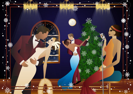 A beautiful young woman in a vintage dress with a retro microphone at the Christmas tree. The singer's performance at the New Year's holiday. Concept for holiday, winter holidays, New Year, Christmasのイラスト素材