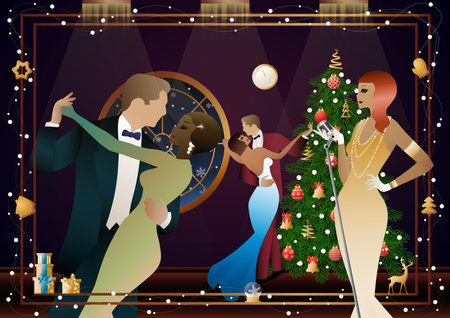 A beautiful young woman in a vintage dress with a retro microphone at the Christmas tree. The singer's performance at the New Year's holiday. Concept for holiday, winter holidays, New Year, Christmasのイラスト素材