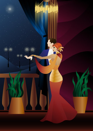 Man and woman dancing on the background of a balcony and lanterns, party, art deco, couple in retro styleのイラスト素材