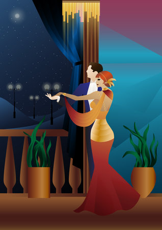 Man and woman dancing on the background of a balcony and lanterns, party, art deco, couple in retro styleのイラスト素材