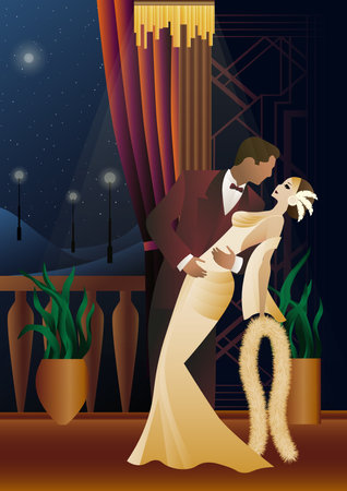 Man and woman dancing on the background of a balcony and lanterns, party, art deco, couple in retro styleのイラスト素材