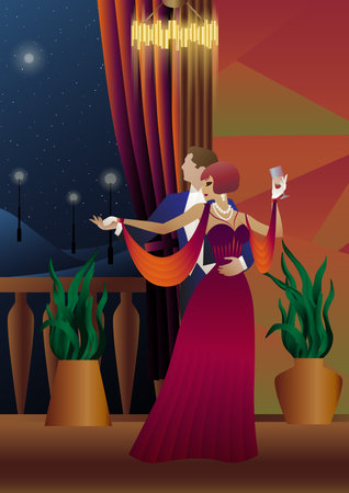 Man and woman dancing on the background of a balcony and lanterns, party, art deco, couple in retro styleのイラスト素材