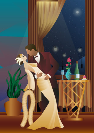 Man and woman dancing on the background of a balcony and lanterns, party, art deco, couple in retro styleのイラスト素材