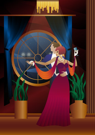 Man and woman dancing on the background of a window and lanterns, party, art deco, couple in retro styleのイラスト素材