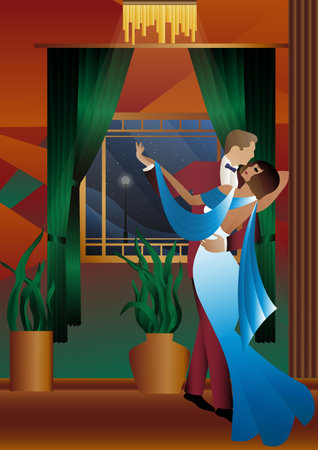 Man and woman dancing on the background of a window and lanterns, party, art deco, couple in retro styleのイラスト素材