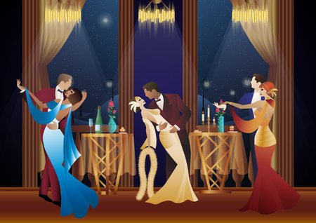 Man and woman dancing on the background of a balcony and lanterns, party, art deco, couple in retro styleのイラスト素材