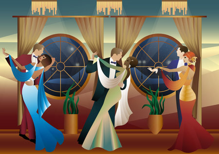 Man and woman dancing on the background of a window and lanterns, party, art deco, couple in retro styleのイラスト素材