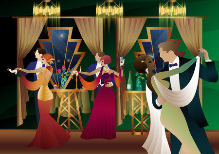 Man and woman dancing on the background of a window and lanterns, party, art deco, couple in retro styleのイラスト素材