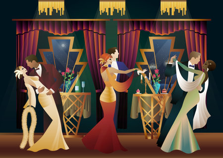 Man and woman dancing on the background of a window and lanterns, party, art deco, couple in retro styleのイラスト素材