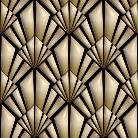 Gold 3d seamless pattern. Abstract ornamental background with golden shapes, stripes, rhombus. Geometric textured art-deco ornament. Retro styleの写真素材