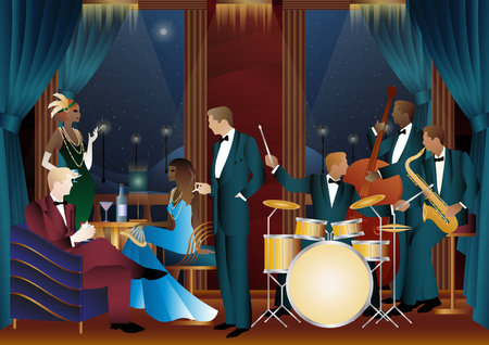 Jazz musicians in a restaurant, cafe or bar. Double bass, saxophone, drum. Musicians play musical instrumentsのイラスト素材