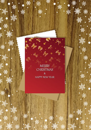 A wooden vertical surface decorated with Christmas decorations, a holiday card lies on the table, creating a warm festive atmosphereのイラスト素材