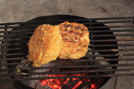 whole rice made into balls and bakedの写真素材