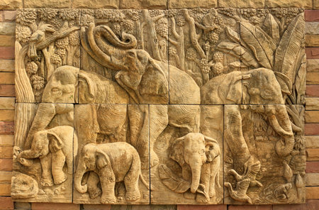 elephant sculptures on the wallの写真素材