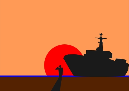 cartoon image stand and salute with warshipのイラスト素材