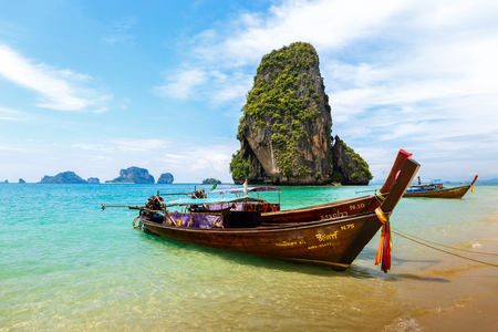 Long-Tail Boat at Railay Beach in Krabi, Thailandのeditorial素材