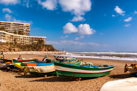 Fishing boats on the shore of Playa de la Carihuela in Torremolinos, Malaga, Spain.のeditorial素材