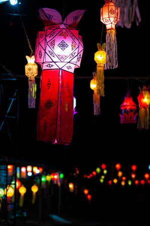 Colorful lanterns in the night, Chiang Mai, Thailandの写真素材