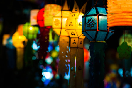 Colorful paper lanterns on the street, Thailand. Selective focus.