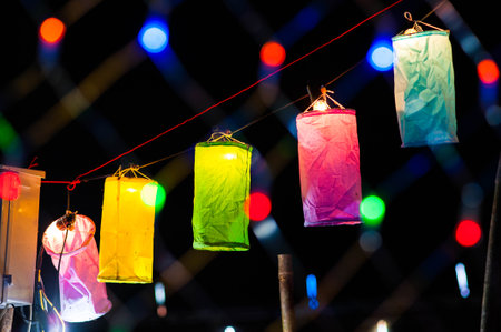 Colorful paper lanterns with bokeh background, Thailand.
